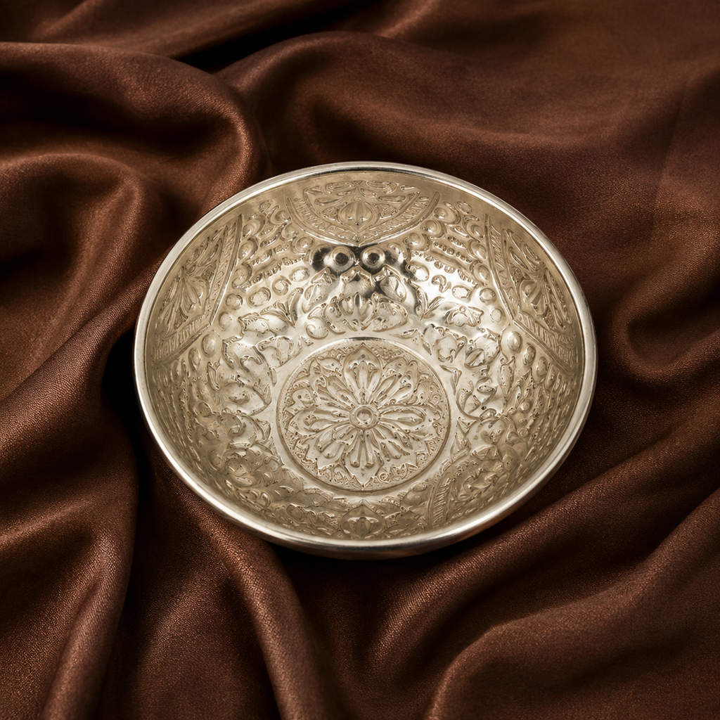 Silver Decorative Floral Engraved Bowl – Traditional Pooja & Home Décor