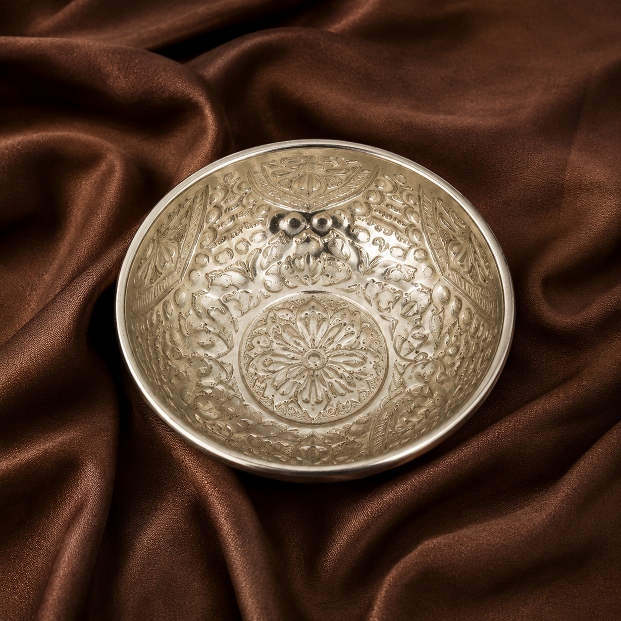 Silver Decorative Floral Engraved Bowl – Traditional Pooja & Home Décor