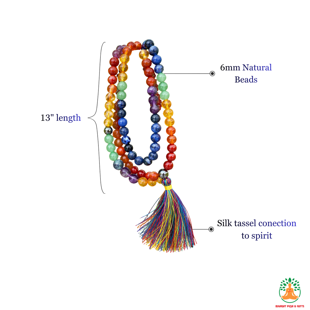 7 Chakra Beaded Necklace | 13 Inch Natural Gemstone Mala | Rainbow Chakra Necklace | Meditation & Yoga Jewelry | Crystal Necklace