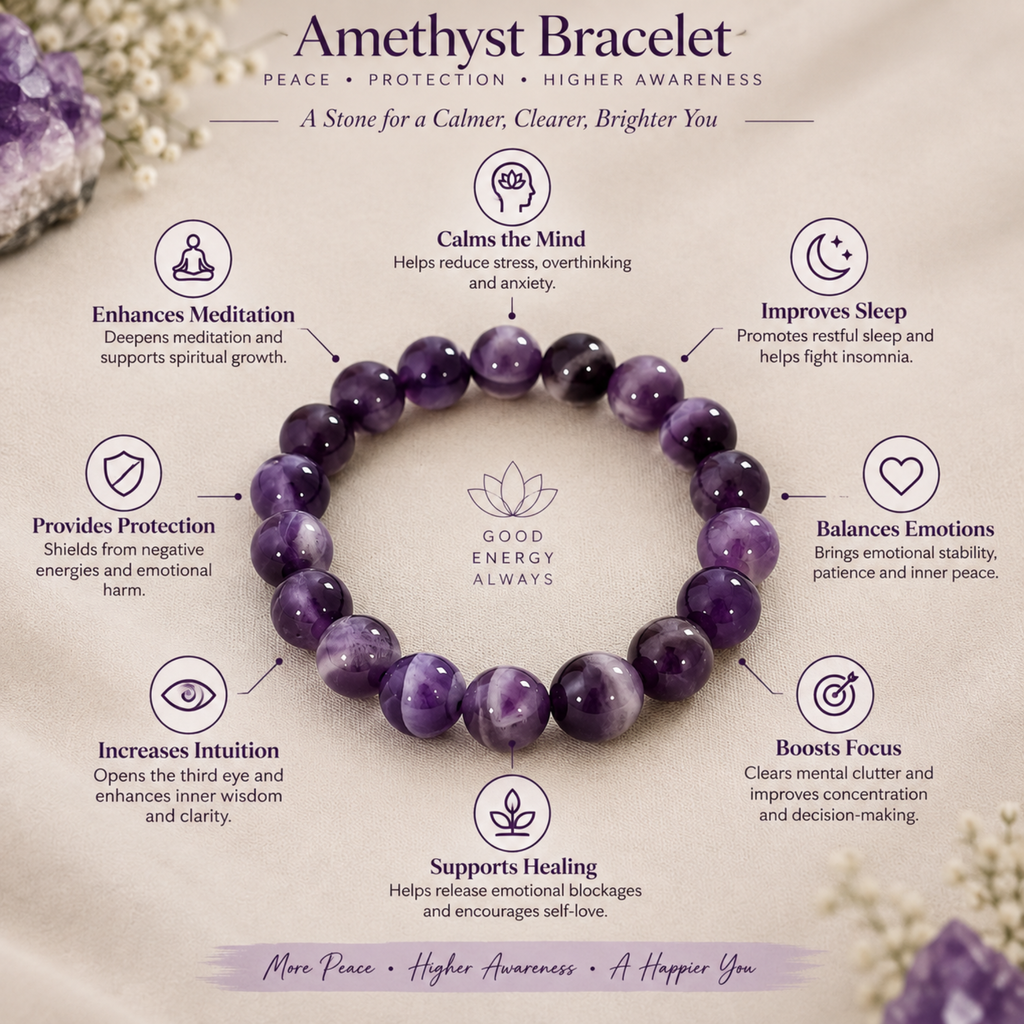 Natural Amethyst Bracelet | Purple Crystal Gemstone Bracelet | Meditation & Spiritual Jewelry | Amethyst Healing Bracelet | Gift for Men and Women
