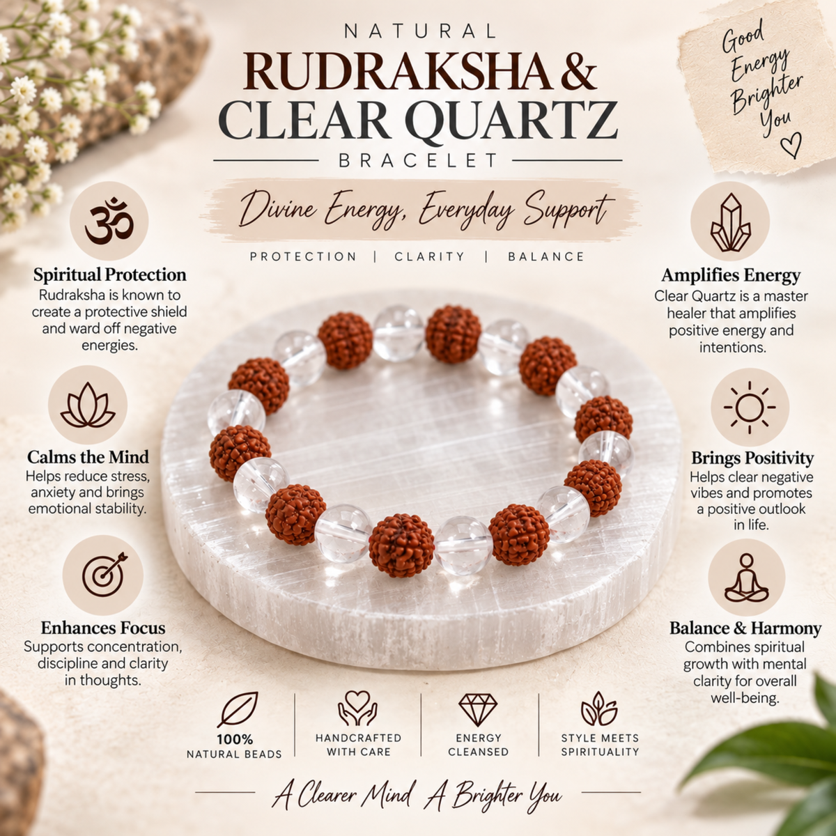 Rudraksha Sphatik Bracelet | Rudraksha & Clear Quartz Bracelet | Spiritual Meditation Jewelry | Prayer Bracelet | Natural Rudraksha Jewelry Gift