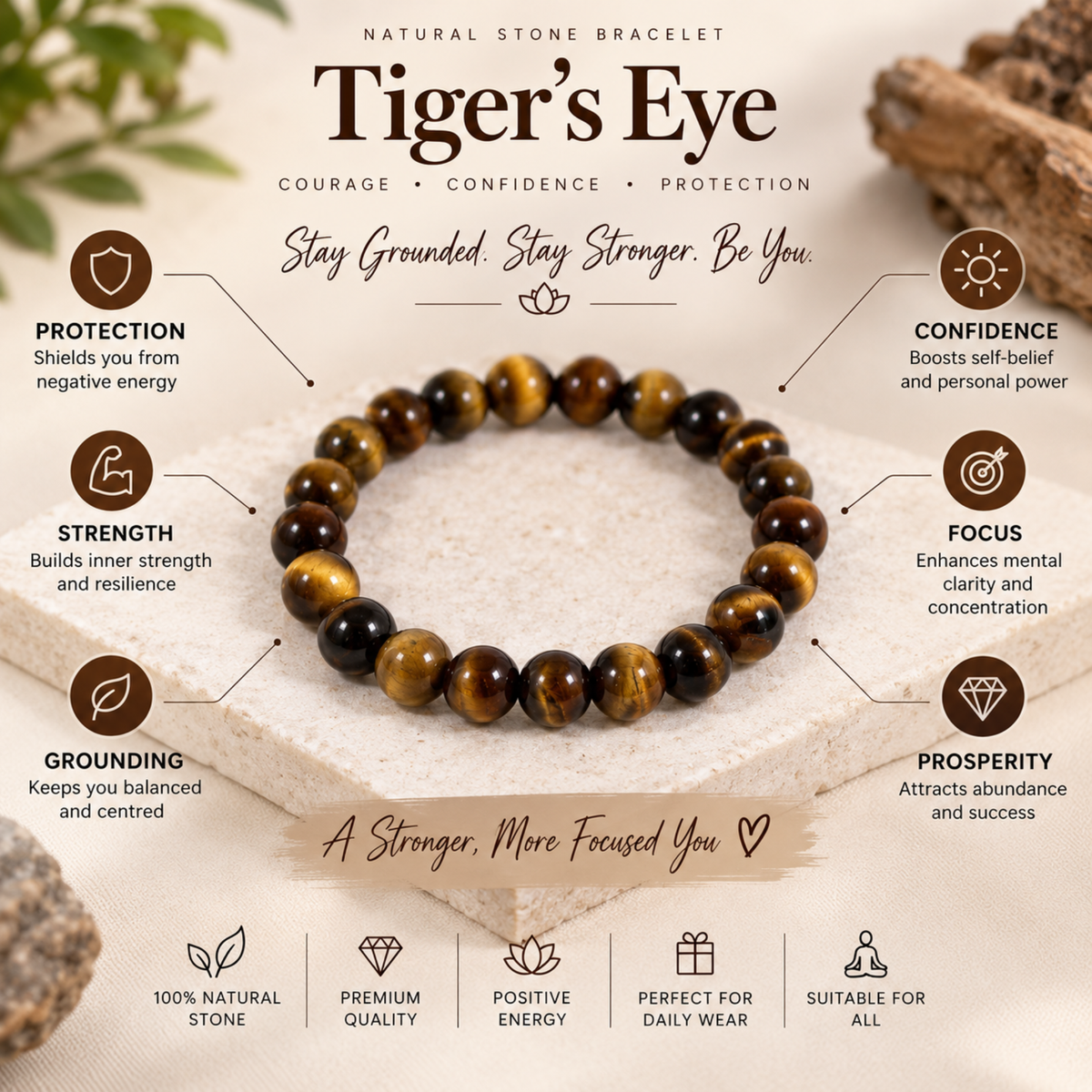 Natural Tiger Eye Bracelet | Golden Brown Crystal Gemstone Bracelet | Confidence & Protection Jewelry | Grounding Bracelet | Spiritual Gift