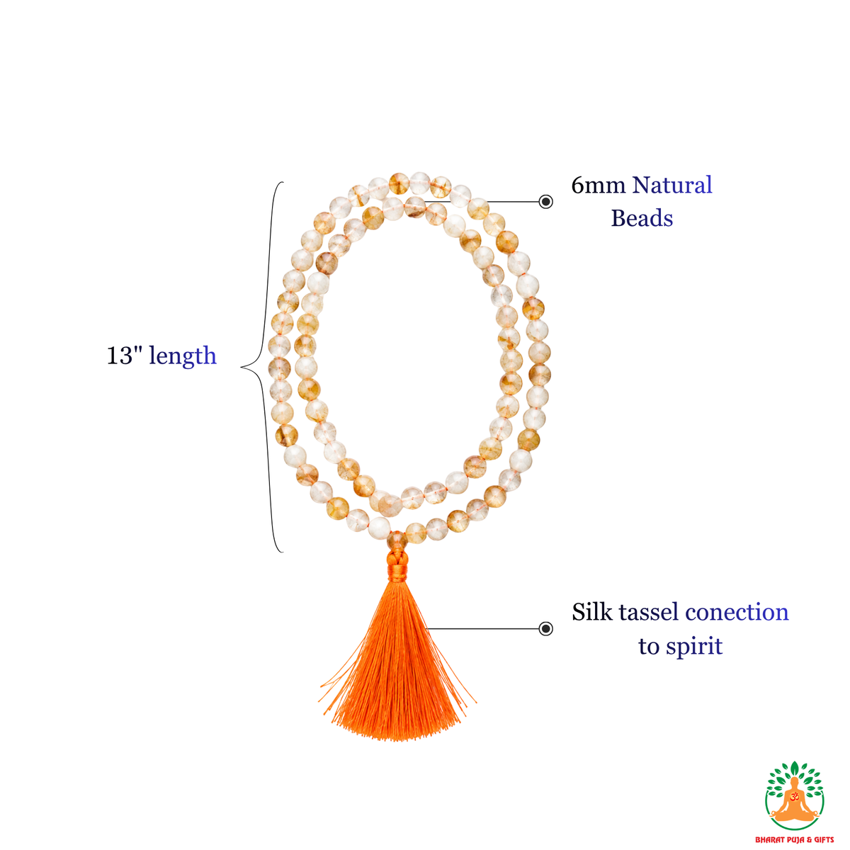 Natural Citrine Necklace | 13 Inch Golden Yellow Gemstone Mala | Prosperity & Abundance Jewelry | Meditation and Yoga Necklace | Orange Crystal Necklace