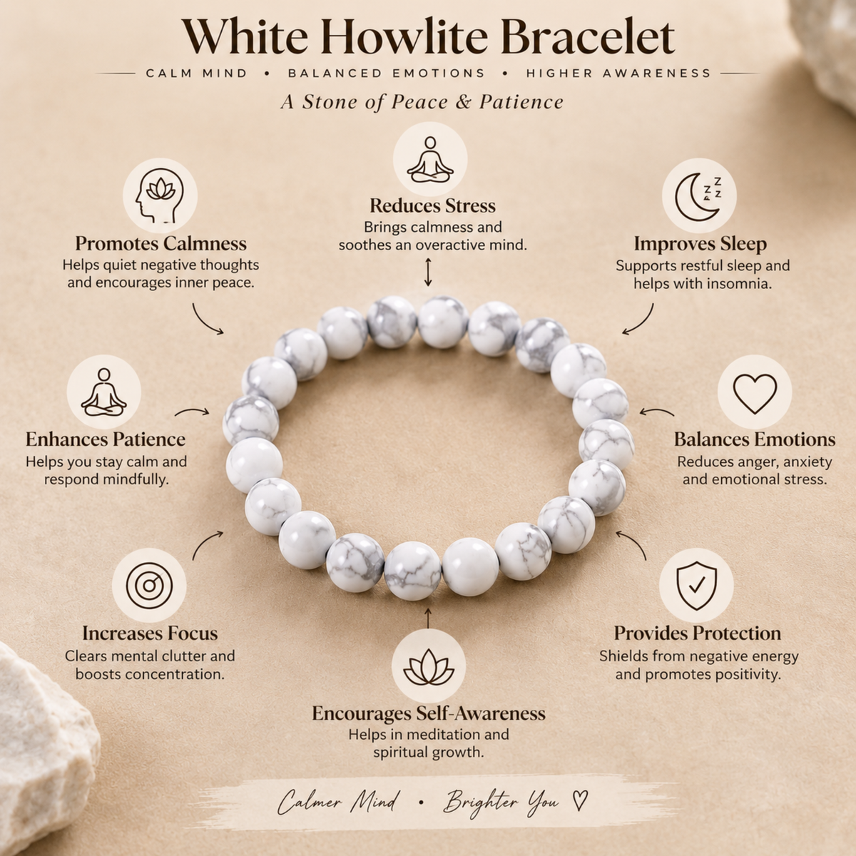 Natural Howlite Bracelet | White Howlite Crystal Bracelet | Healing & Meditation Jewelry | Grey Vein Gemstone Bracelet | Spiritual Gift