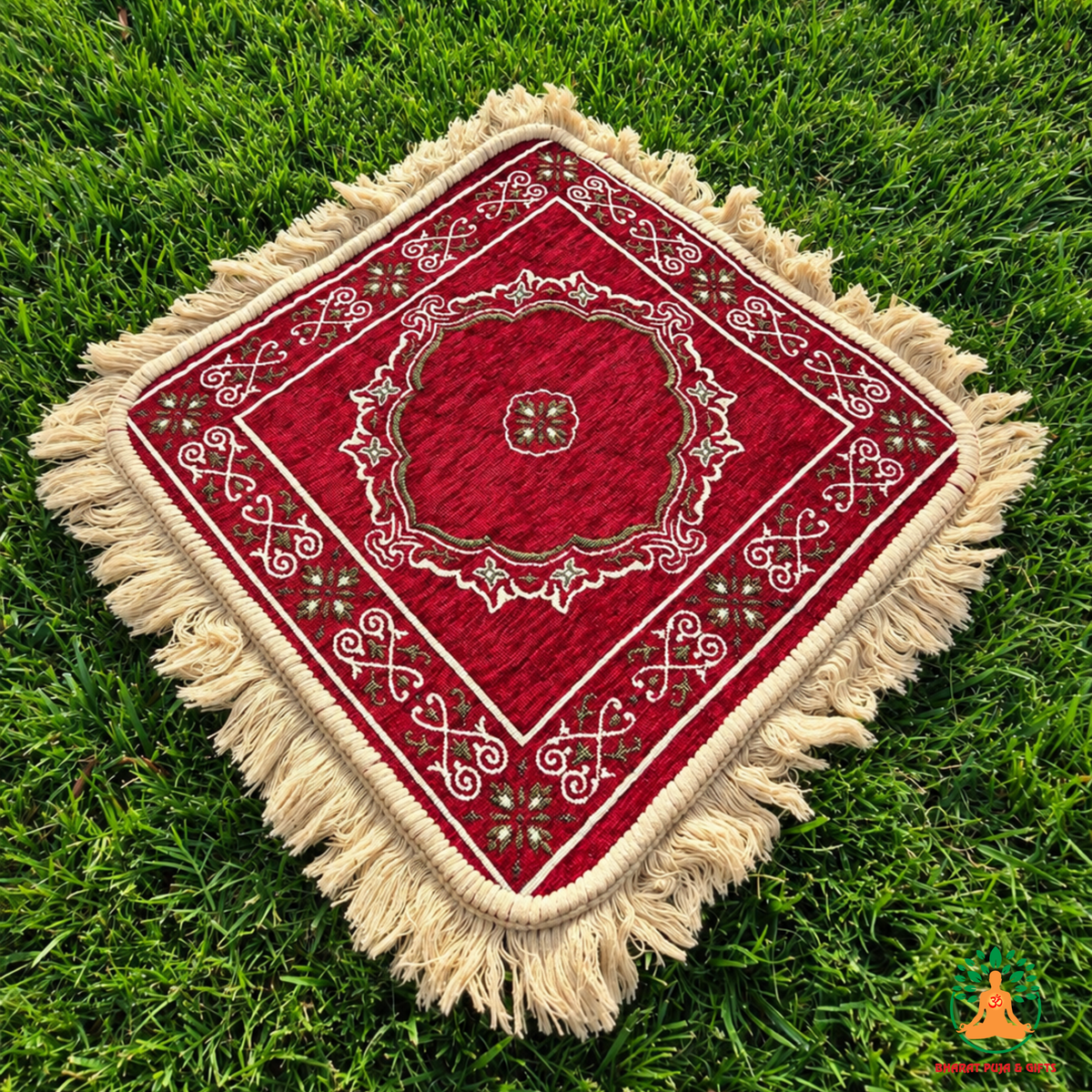 Decorative Square Mat with Fringe – Traditional Medallion Design