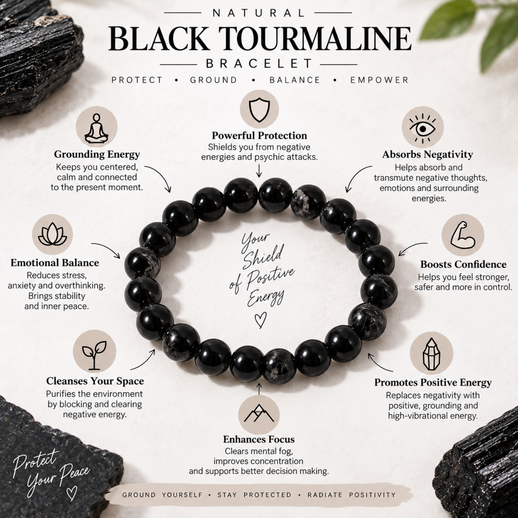 Natural Black Tourmaline Bracelet | Black Crystal Gemstone Bracelet | Grounding & Protection Jewelry | Meditation Bracelet | Gift for Men & Women