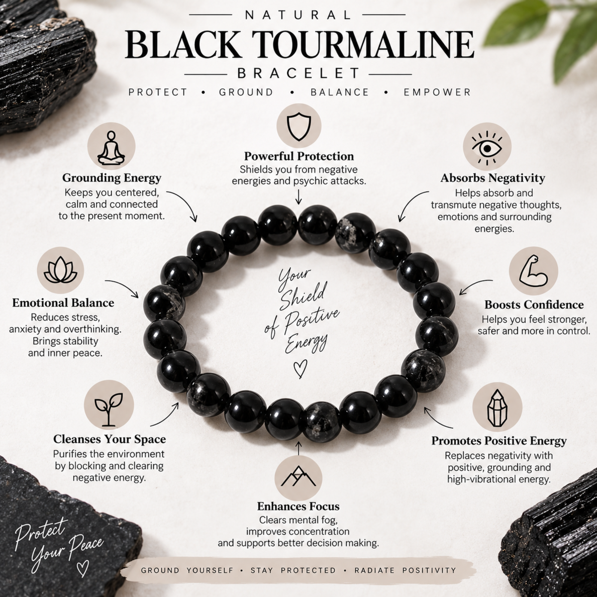 Natural Black Tourmaline Bracelet | Black Crystal Gemstone Bracelet | Grounding & Protection Jewelry | Meditation Bracelet | Gift for Men & Women