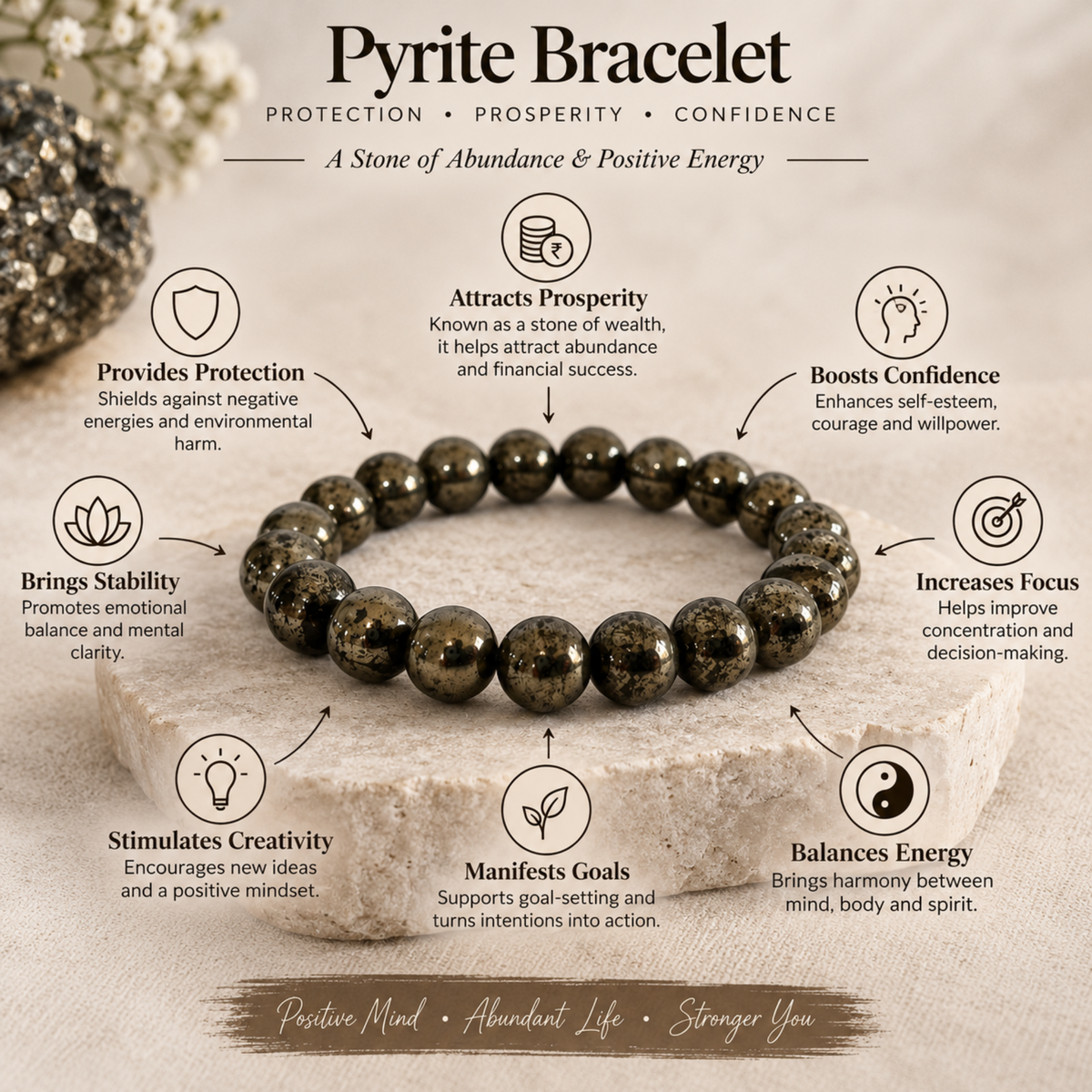 Natural Pyrite Bracelet | Pyrite Crystal Gemstone Bracelet | Prosperity & Abundance Jewelry | Protection Bracelet | Healing Jewelry