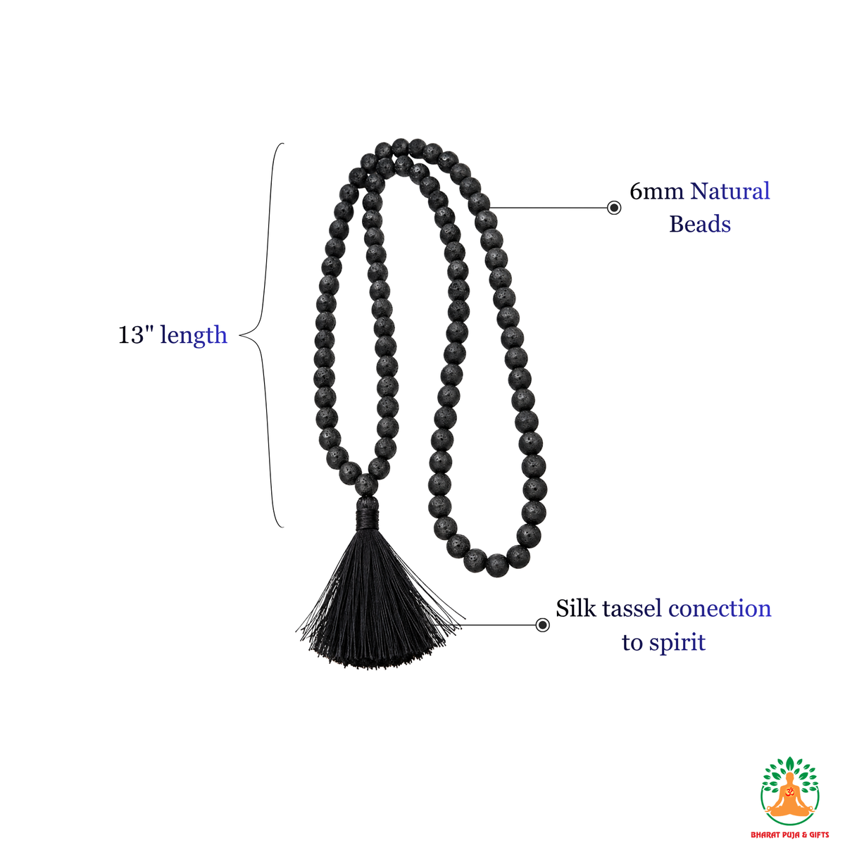 Natural Lava Stone Necklace | 13 Inch Black Volcanic Stone Mala | Meditation & Yoga Necklace | Lava Rock Necklace | Spiritual Jewelry