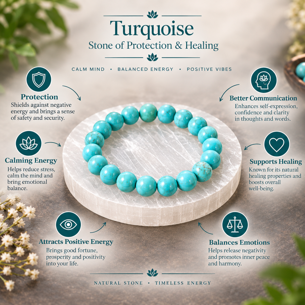 Natural Turquoise Bracelet | Blue Turquoise Crystal Gemstone Bracelet | Protection & Healing Jewelry | Good Luck Crystal Bracelet | Gift for Men & Women