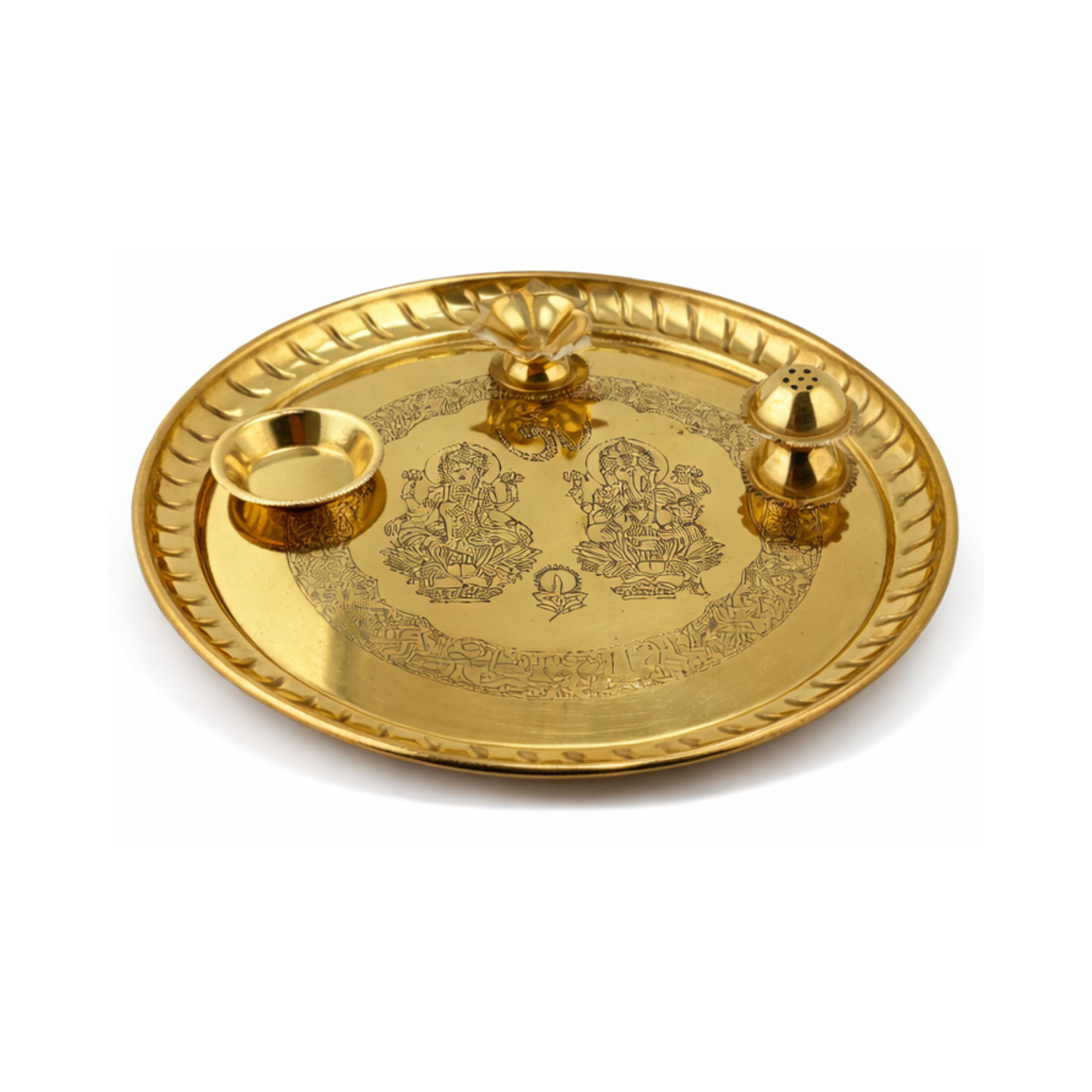 Brass Aarti Thali with Lakshmi & Ganesha | Traditional Engraved Puja Plate Set | Diwali Arti Thali