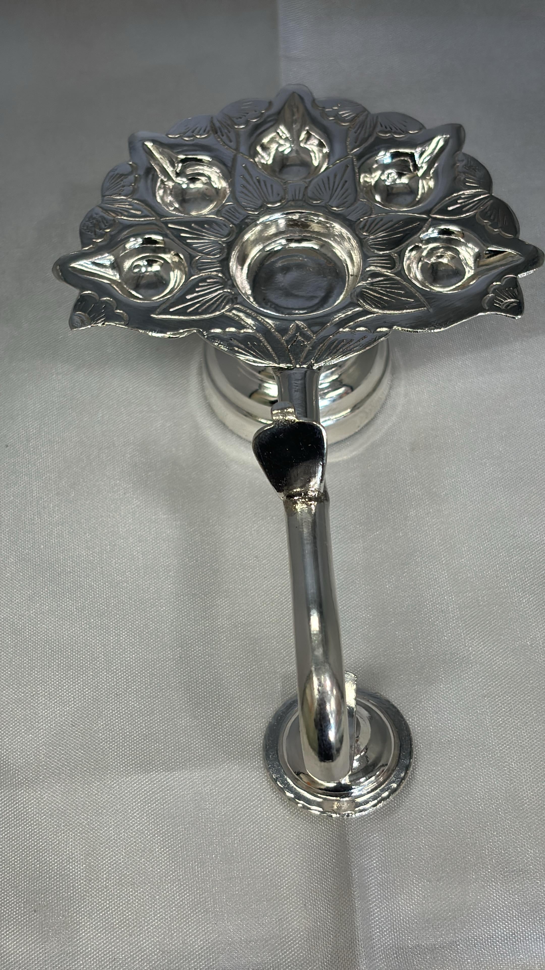 Silver Panchamukhi Diya | Silver 5-wick Oil Lamp | Silver Aarti Diya | Silver Fancy Puja Diya