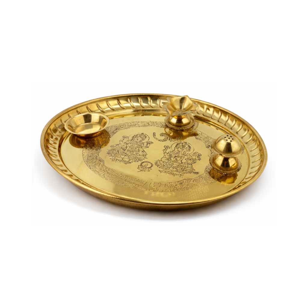 Brass Aarti Thali with Lakshmi & Ganesha | Traditional Engraved Puja Plate Set | Diwali Arti Thali