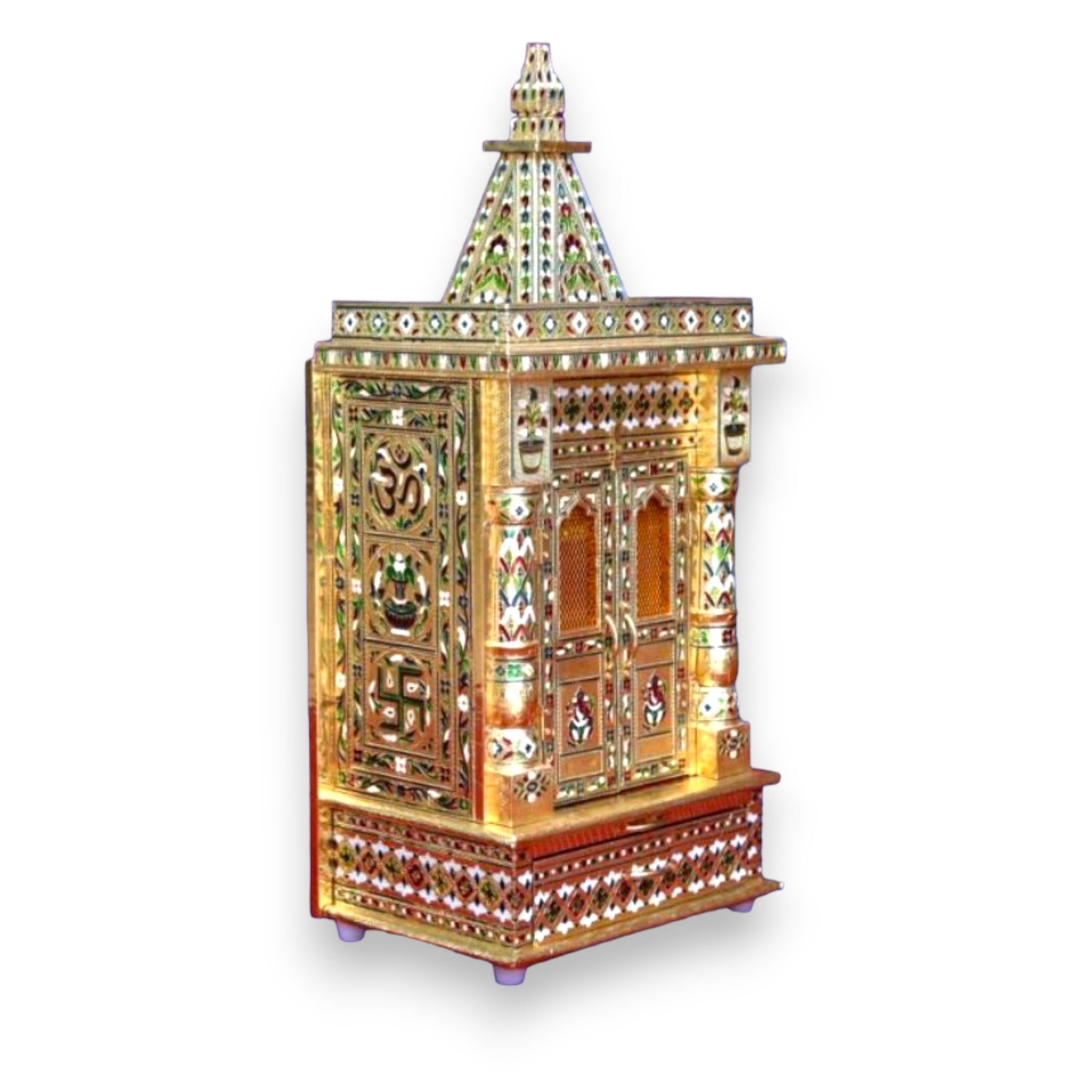 Golden Minakari Wooden Temple with doors |  8 X 12 X 26 inches