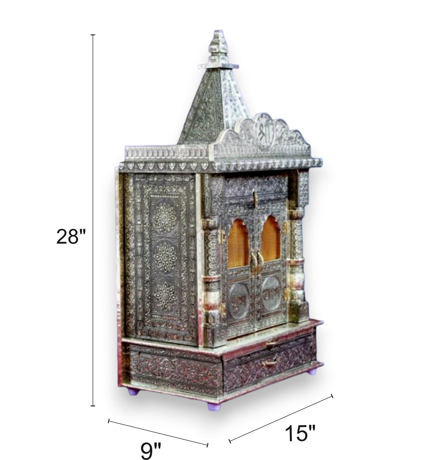 Handcrafted German Oxidised Wooden Temple With Doors |  9 X 15 X 28 inches