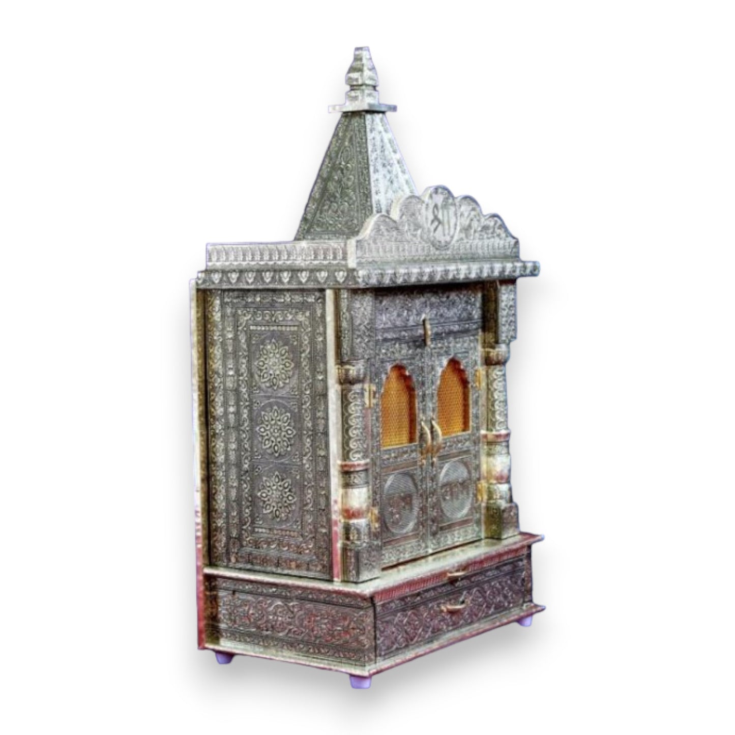 Handcrafted German Oxidised Wooden Temple With Doors |  9 X 15 X 28 inches