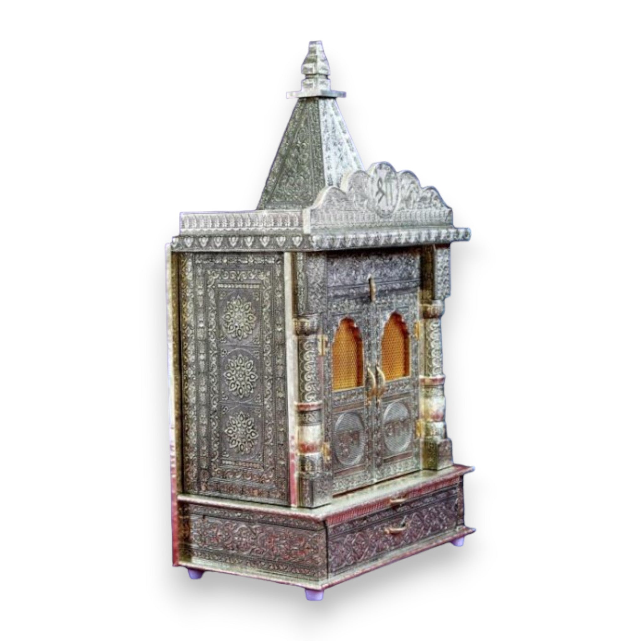 Handcrafted German Oxidised Wooden Temple With Doors