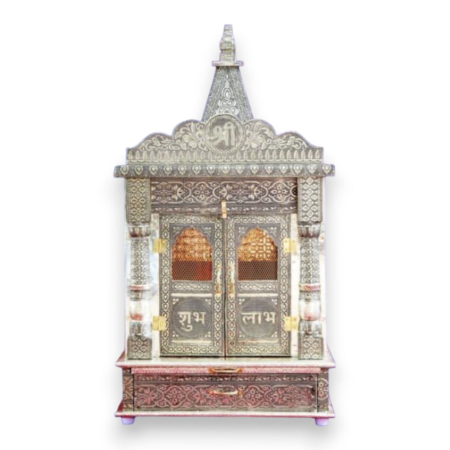 Handcrafted German Oxidised Wooden Temple With Doors |  9 X 15 X 28 inches