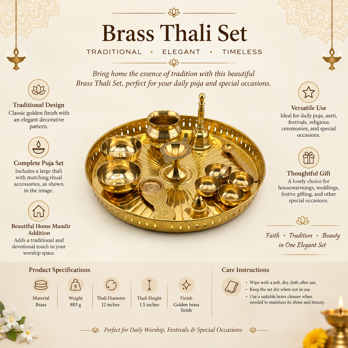 Brass Thali Set - Large | Complete Aarti Set | Brass Puja Thali Set