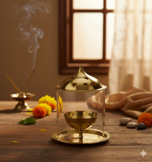Brass Akhand Diya Lamp With cover Glass and lid premium brass handicraft for Puja Home decor