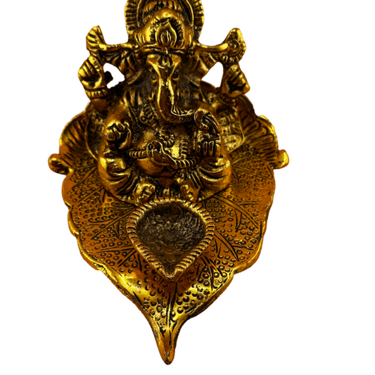 Ganesha on Leaf Statue Ganesh Idol with Diya for Home Office Pooja Puja Diwali Decorative Wedding Return Gift Items