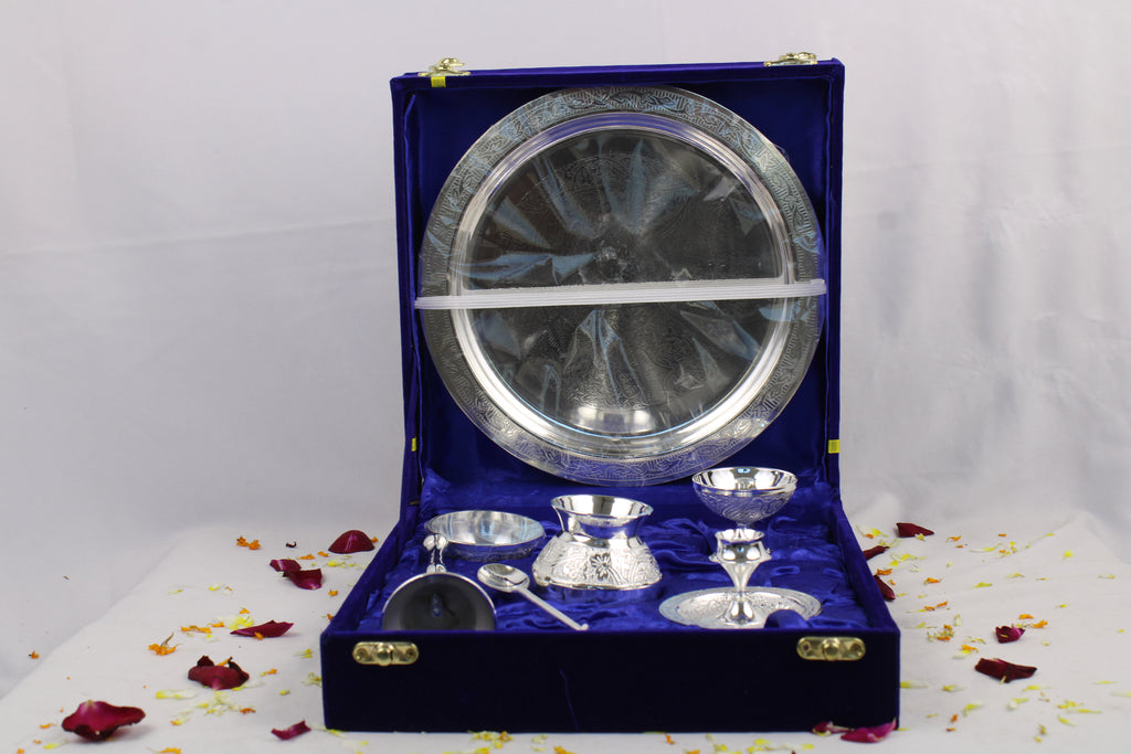 German Silver Pooja Thali for Aarti & Rituals | Elegant Puja Plate for Home Mandir, Diwali, Wedding & Housewarming Gift | Traditional Silver Finish