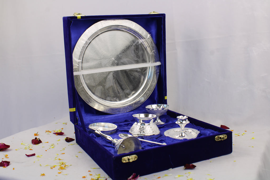 German Silver Pooja Thali for Aarti & Rituals | Elegant Puja Plate for Home Mandir, Diwali, Wedding & Housewarming Gift | Traditional Silver Finish