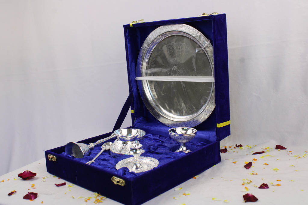 German Silver Pooja Thali for Aarti & Rituals | Elegant Puja Plate for Home Mandir, Diwali, Wedding & Housewarming Gift | Traditional Silver Finish