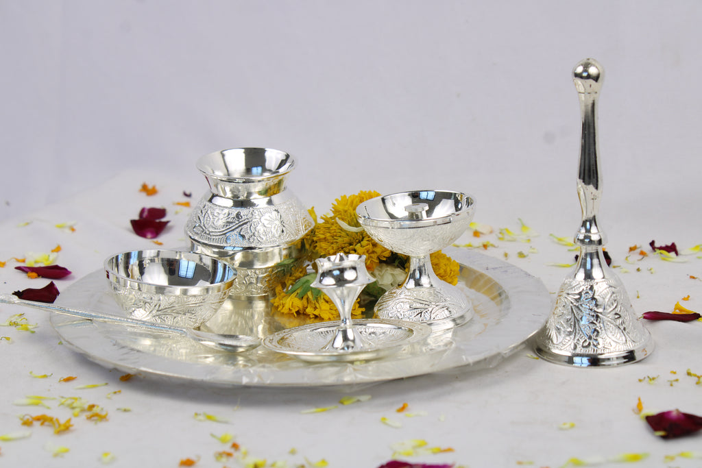 German Silver Pooja Thali for Aarti & Rituals | Elegant Puja Plate for Home Mandir, Diwali, Wedding & Housewarming Gift | Traditional Silver Finish