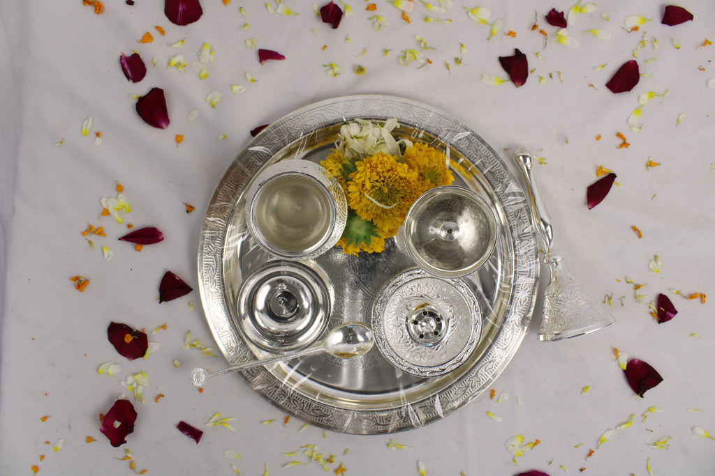 German Silver Pooja Thali for Aarti & Rituals | Elegant Puja Plate for Home Mandir, Diwali, Wedding & Housewarming Gift | Traditional Silver Finish