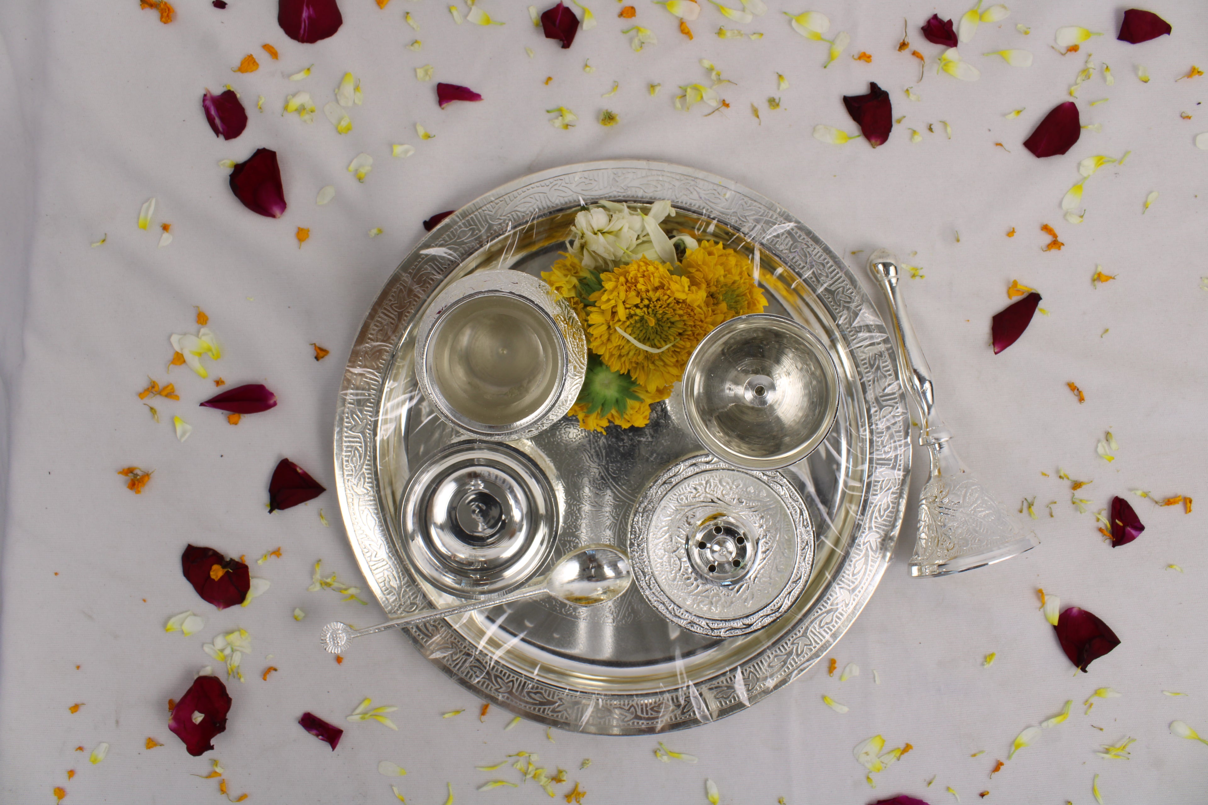 German Silver Pooja Thali for Aarti & Rituals | Elegant Puja Plate for Home Mandir, Diwali, Wedding & Housewarming Gift | Traditional Silver Finish
