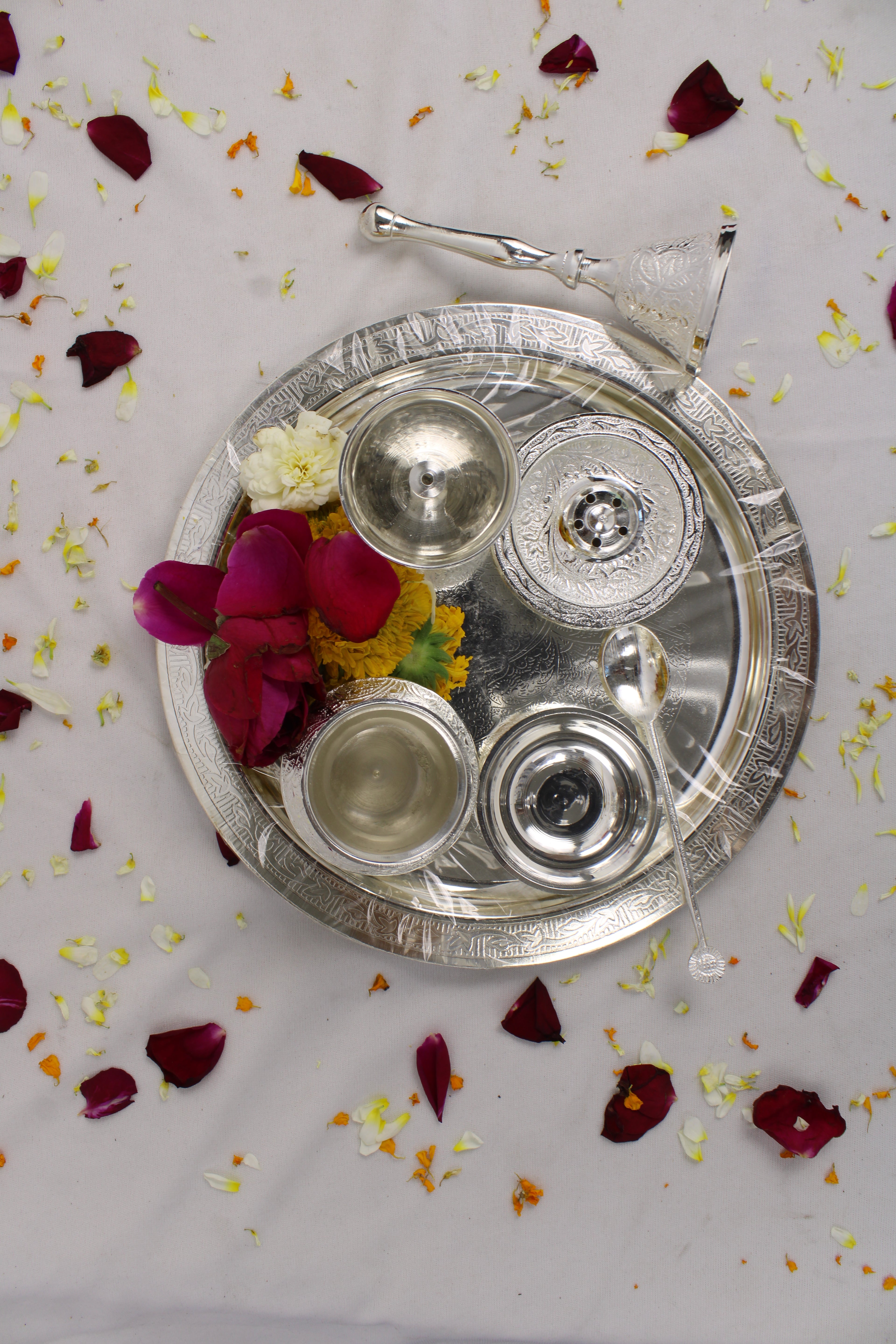 German Silver Pooja Thali for Aarti & Rituals | Elegant Puja Plate for Home Mandir, Diwali, Wedding & Housewarming Gift | Traditional Silver Finish