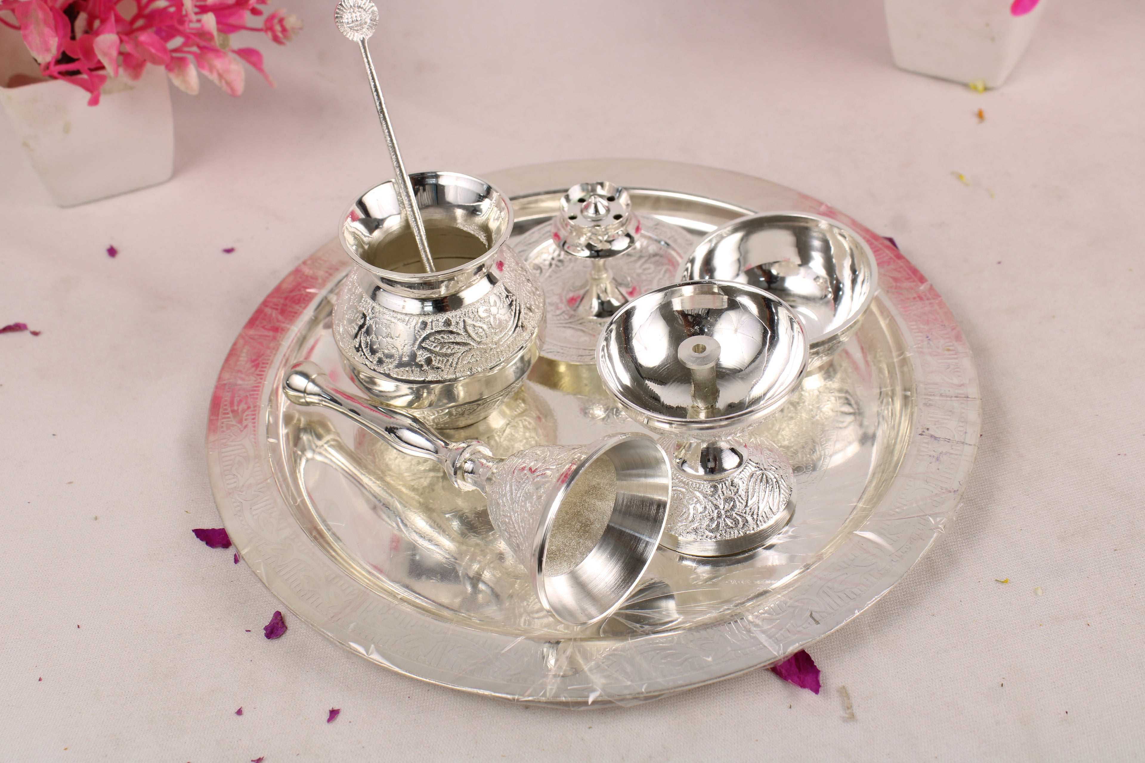 German Silver Pooja Thali for Aarti & Rituals | Elegant Puja Plate for Home Mandir, Diwali, Wedding & Housewarming Gift | Traditional Silver Finish
