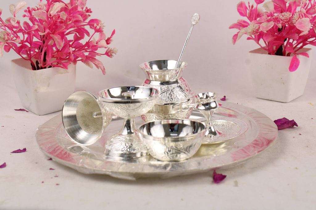 German Silver Pooja Thali for Aarti & Rituals | Elegant Puja Plate for Home Mandir, Diwali, Wedding & Housewarming Gift | Traditional Silver Finish