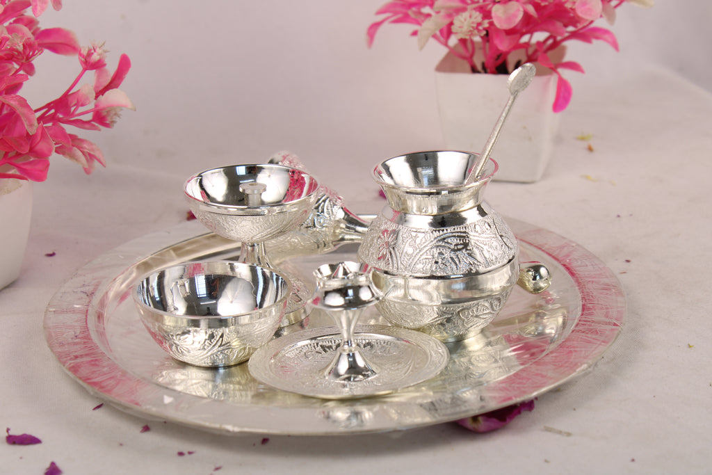 German Silver Pooja Thali for Aarti & Rituals | Elegant Puja Plate for Home Mandir, Diwali, Wedding & Housewarming Gift | Traditional Silver Finish