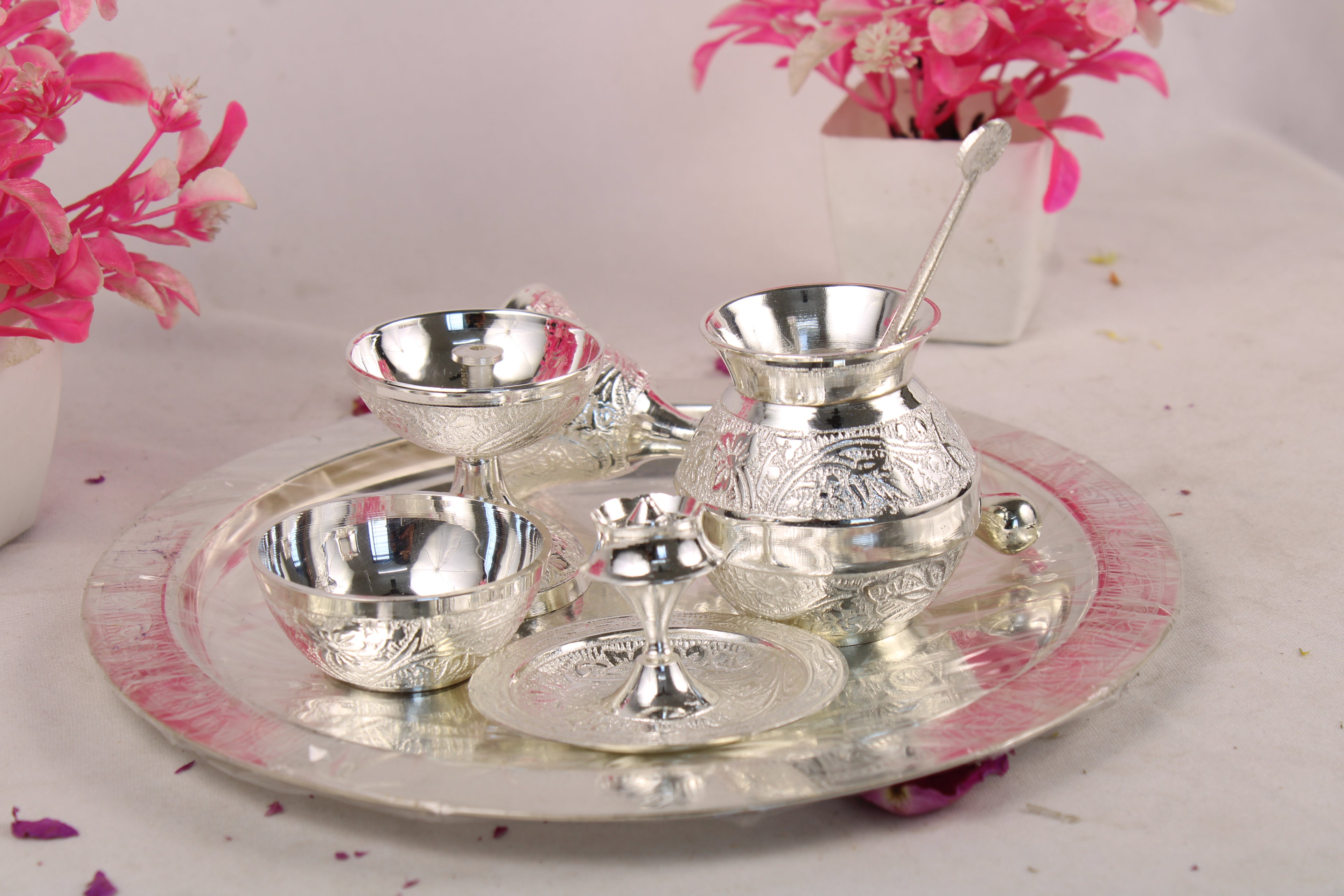 German Silver Pooja Thali for Aarti & Rituals | Elegant Puja Plate for Home Mandir, Diwali, Wedding & Housewarming Gift | Traditional Silver Finish