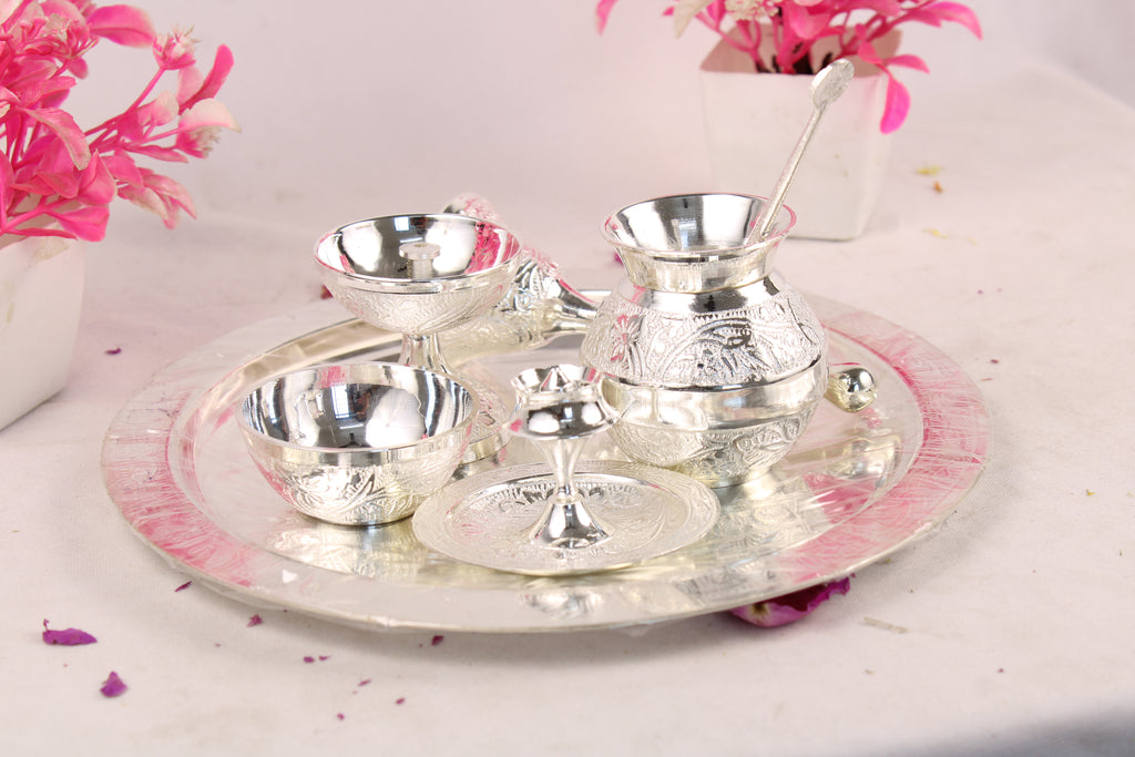 German Silver Pooja Thali for Aarti & Rituals | Elegant Puja Plate for Home Mandir, Diwali, Wedding & Housewarming Gift | Traditional Silver Finish