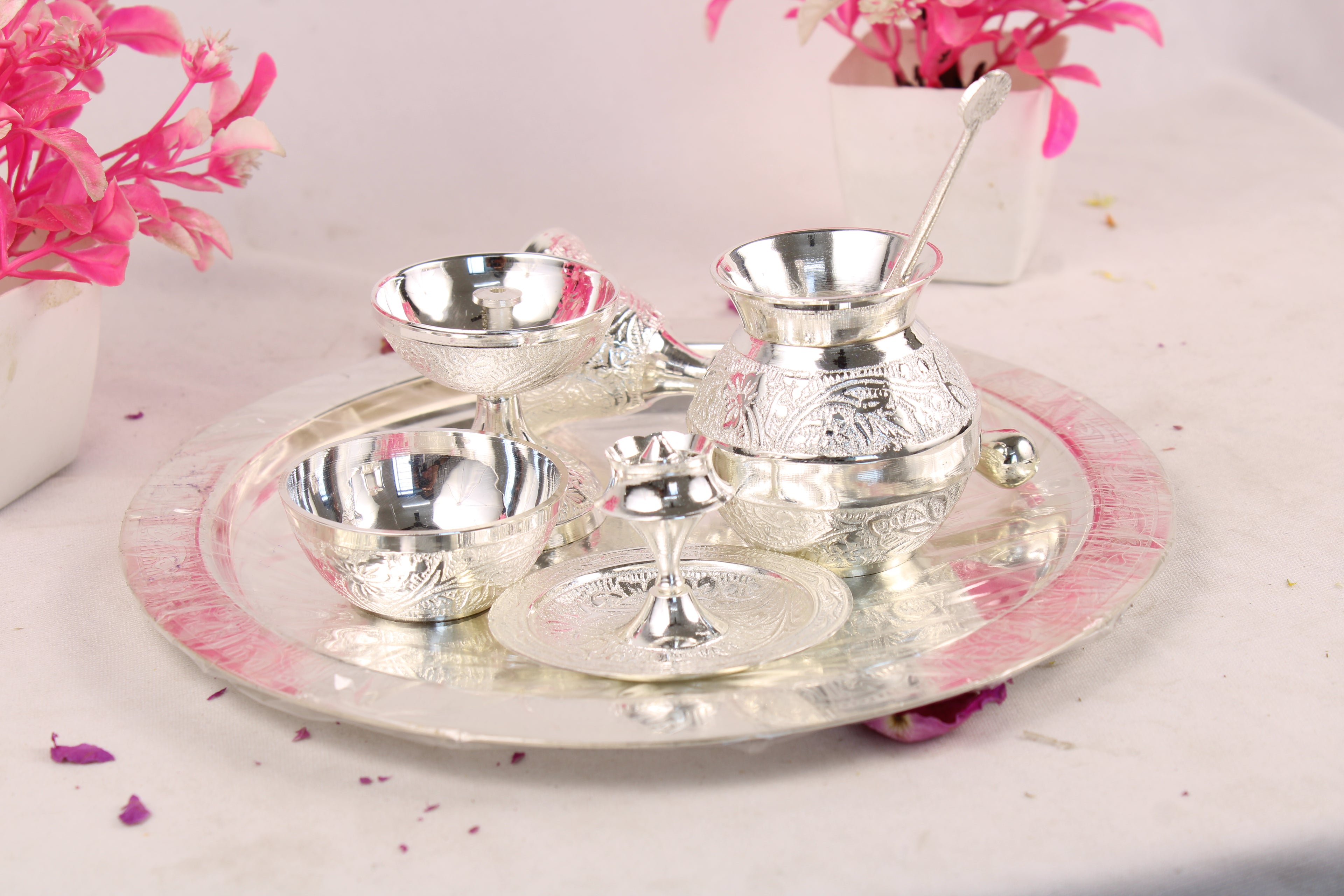 German Silver Pooja Thali for Aarti & Rituals | Elegant Puja Plate for Home Mandir, Diwali, Wedding & Housewarming Gift | Traditional Silver Finish