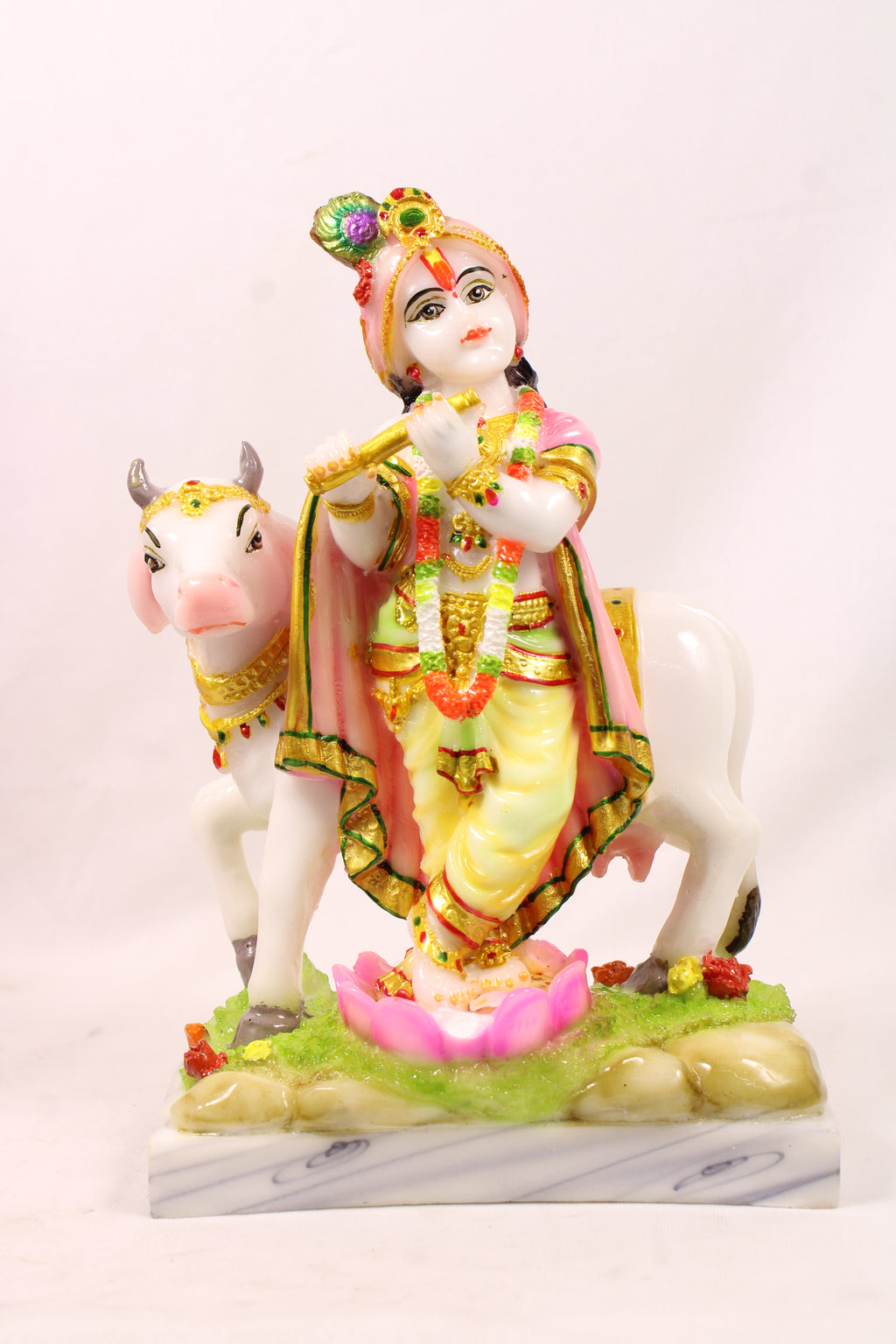 Lord Krishna Playing Flute Religious Idol Resin Statue With Kamdhenu Cow