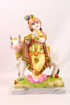 Lord Krishna Playing Flute Religious Idol Resin Statue With Kamdhenu Cow