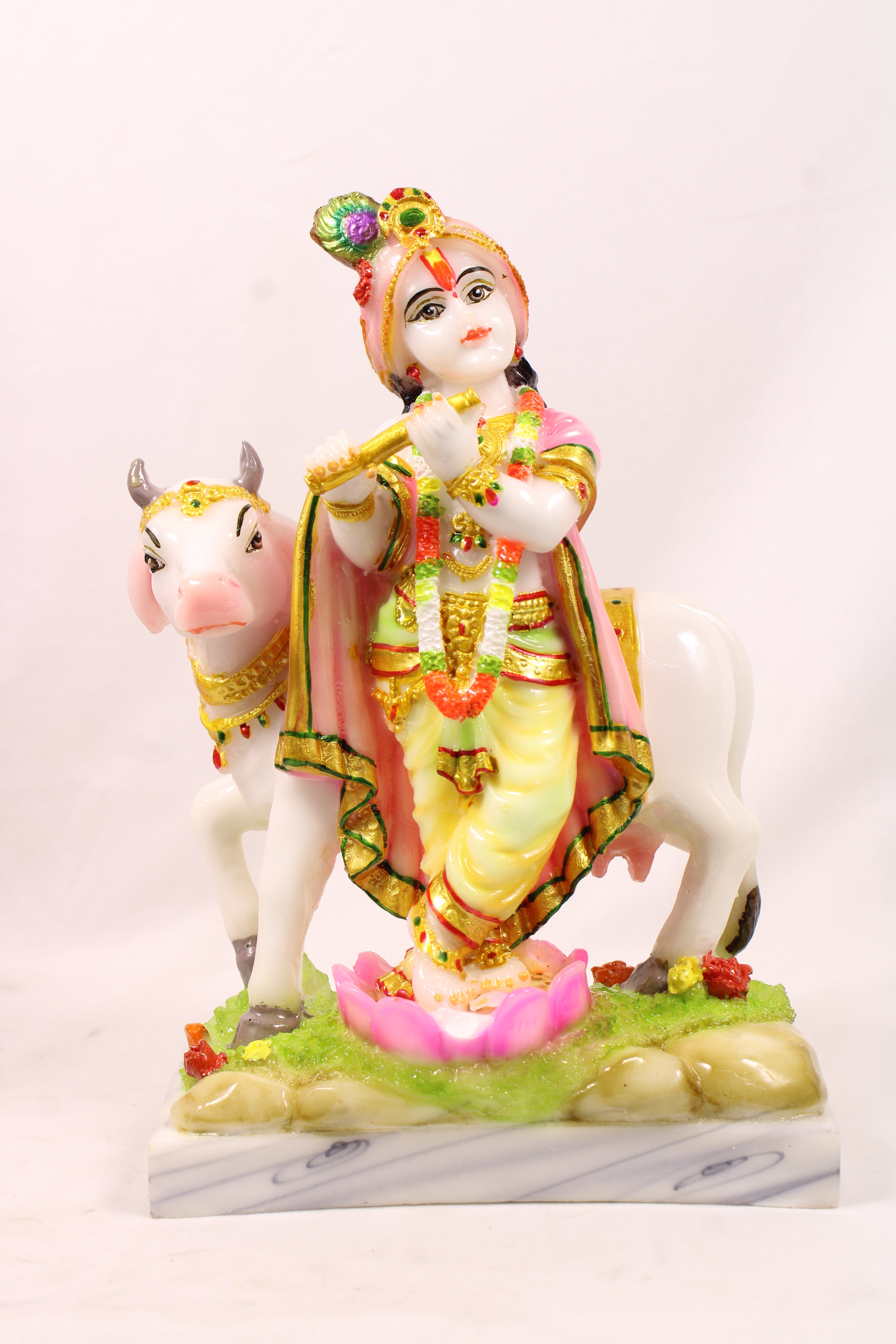 Lord Krishna Playing Flute Religious Idol Resin Statue With Kamdhenu Cow