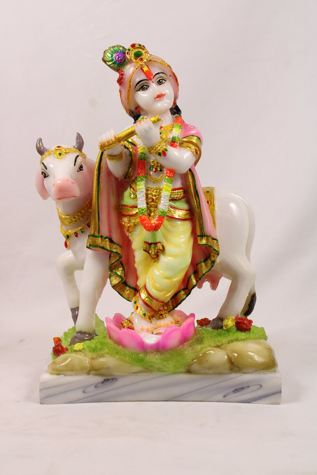 Lord Krishna Playing Flute Religious Idol Resin Statue With Kamdhenu Cow