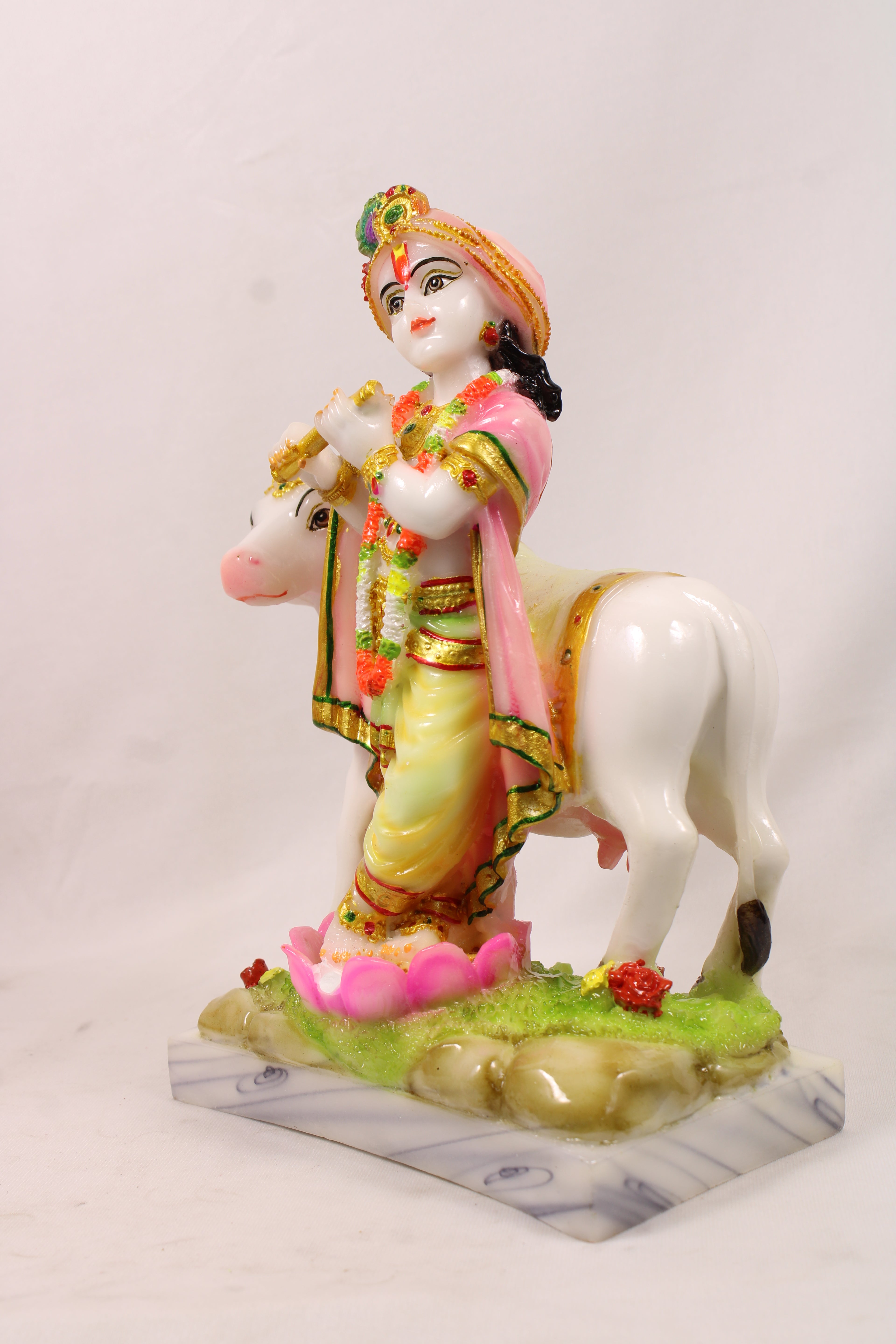 Lord Krishna Playing Flute Religious Idol Resin Statue With Kamdhenu Cow