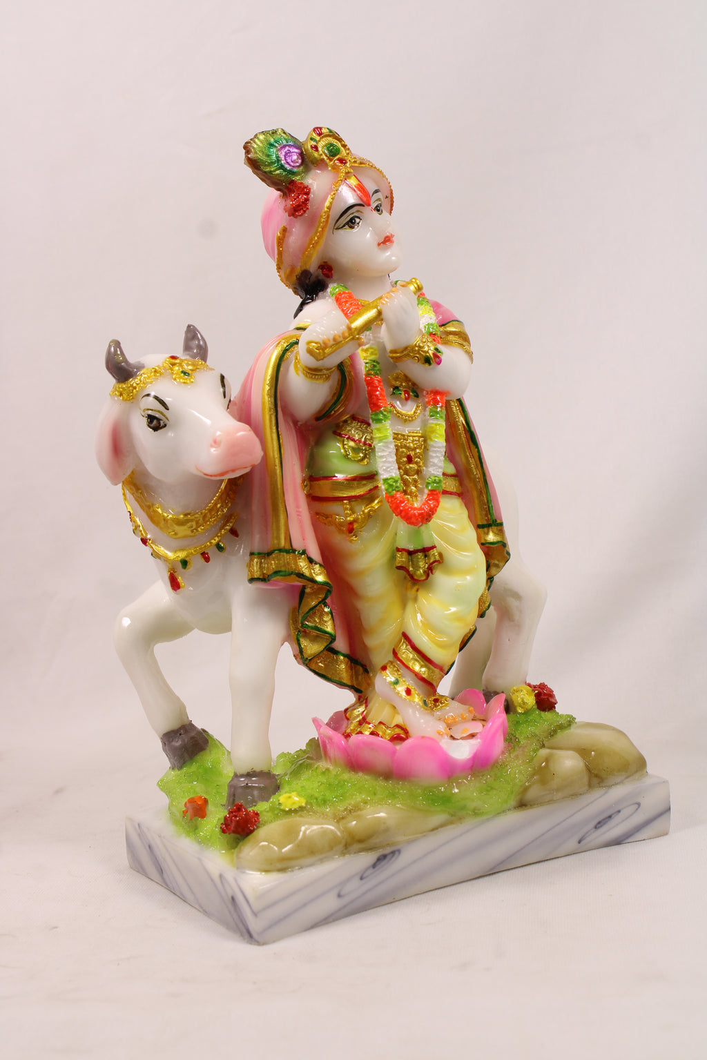 Lord Krishna Playing Flute Religious Idol Resin Statue With Kamdhenu Cow