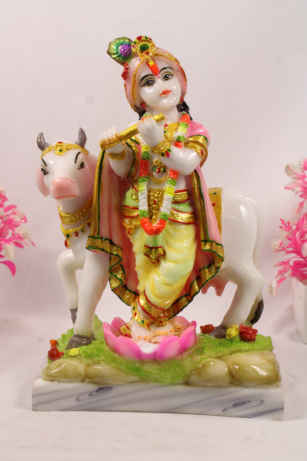 Lord Krishna Playing Flute Religious Idol Resin Statue With Kamdhenu Cow