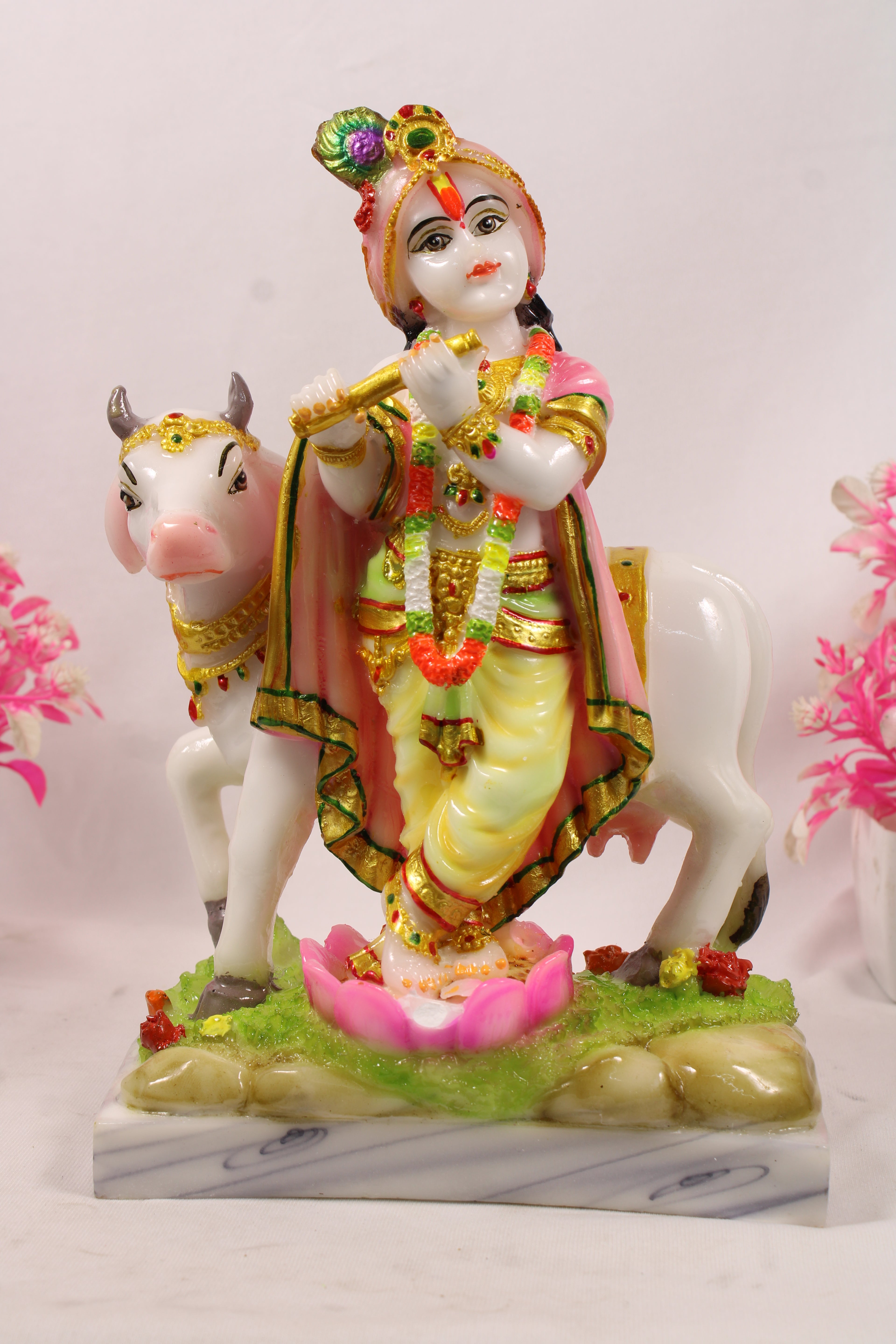 Lord Krishna Playing Flute Religious Idol Resin Statue With Kamdhenu Cow