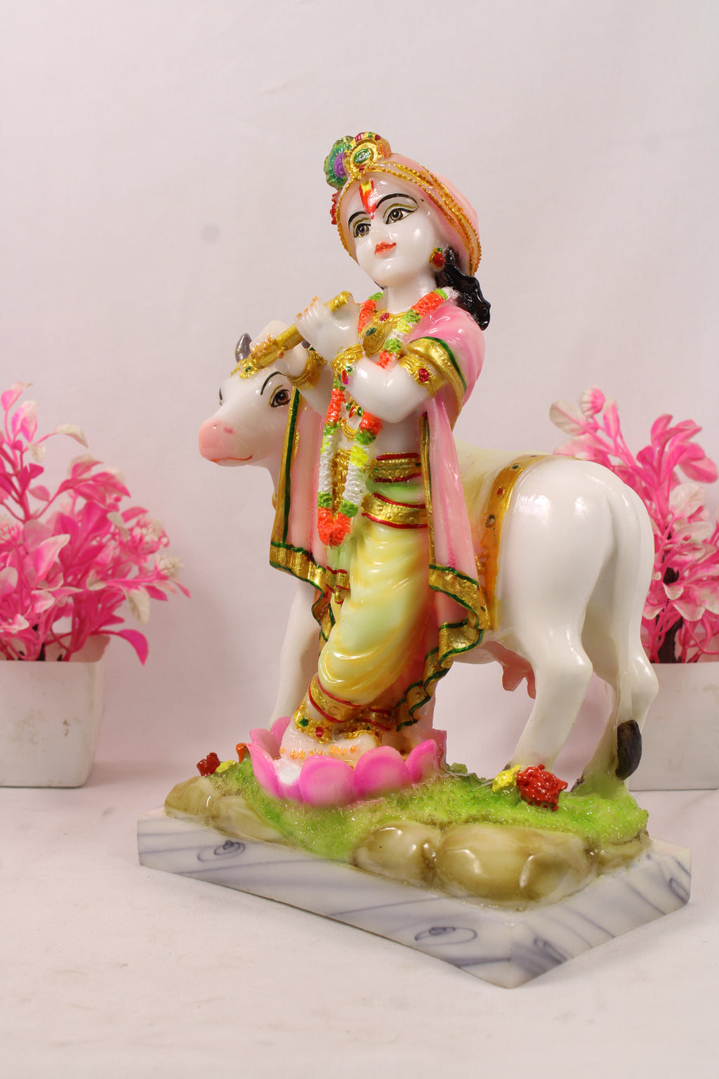Lord Krishna Playing Flute Religious Idol Resin Statue With Kamdhenu Cow