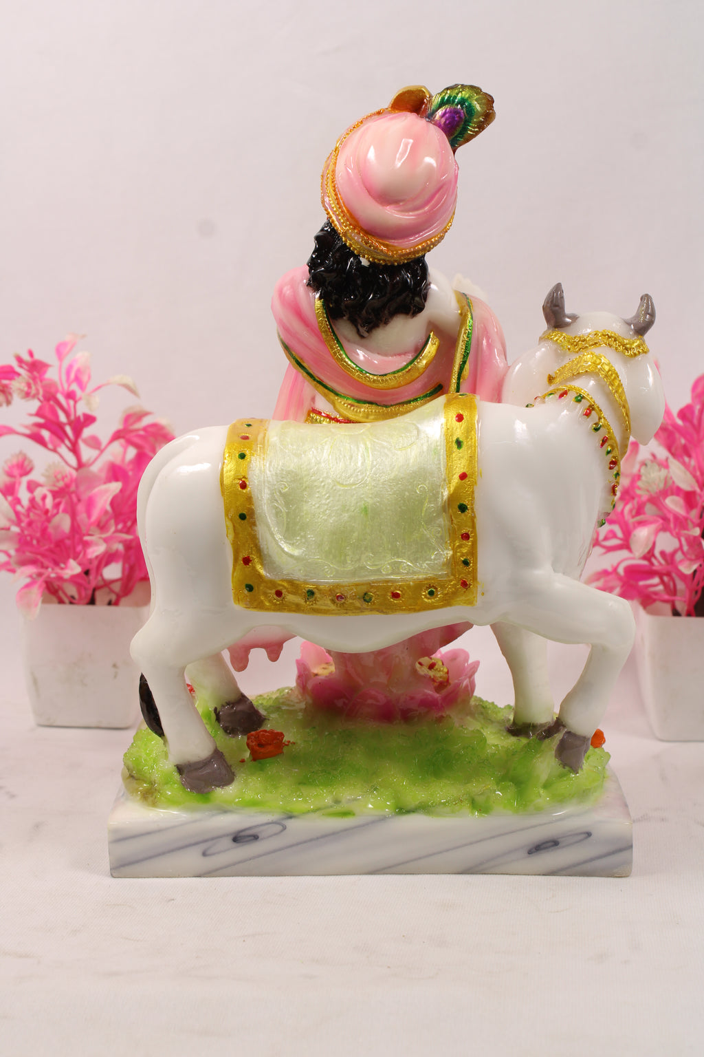 Lord Krishna Playing Flute Religious Idol Resin Statue With Kamdhenu Cow