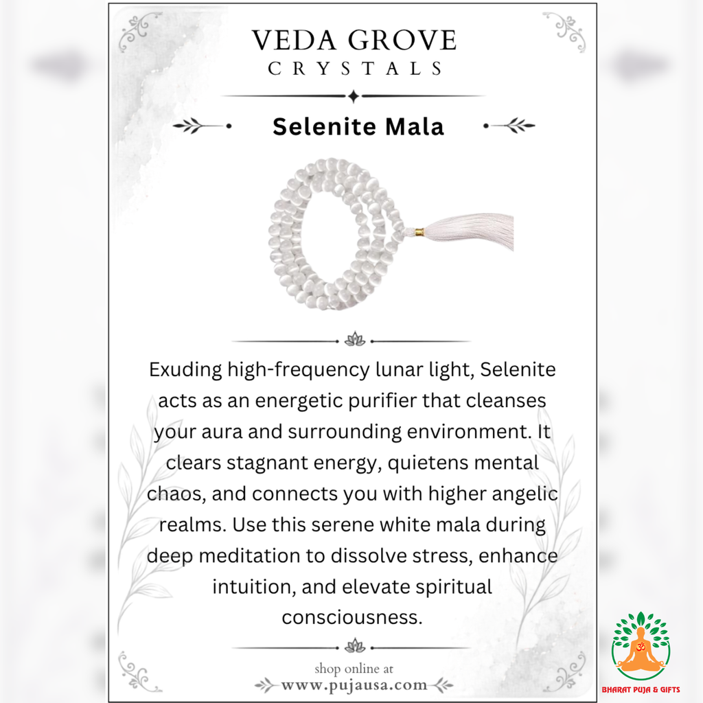 Natural Selenite Beaded Necklace | 13 Inch White Crystal Mala | Meditation & Yoga Necklace | White Crystal Necklace | Spiritual Jewelry