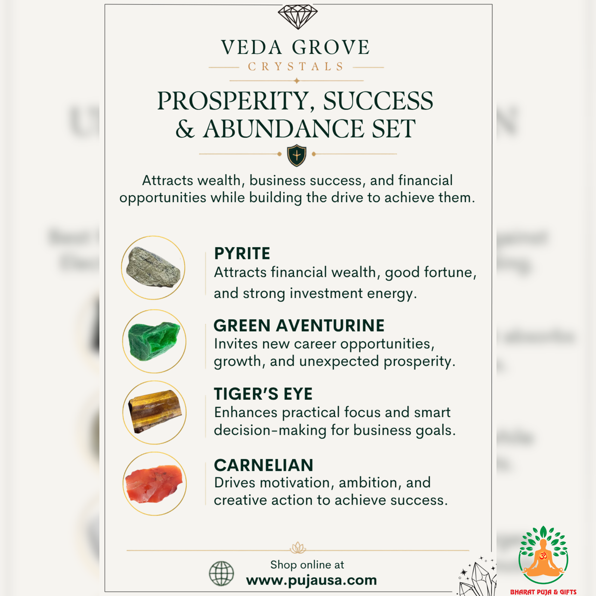 Prosperity Abundance Raw Stone Set | Tiger Eye Green Aventurine Carnelian Pyrite Natural Crystal Set | Meditation Stones | Spiritual Gift